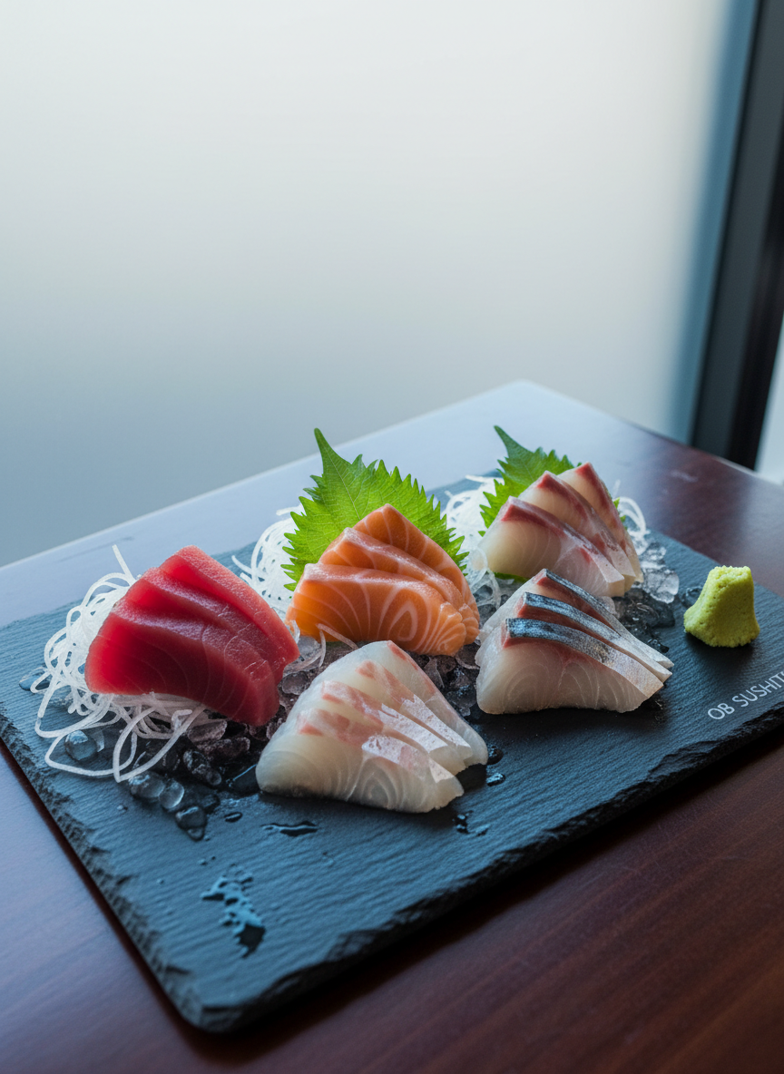 An elegant assortment of sashimi presented on a black stone platter at OB Sushiya, featuring precise fan-like arrangements of deep red tuna, pale pink salmon, translucent white halibut, and silvery mackerel. Shaved daikon radish forms a snowy bed beneath the fish, accented with a small bright-green shiso leaf and a neatly sculpted mound of wasabi. Crushed ice peeks out from under the slices, suggesting perfect chill and freshness. The platter sits on a dark wooden table near a frosted window, with cool natural daylight filtering in, creating gentle, crisp highlights on the fish and subtle reflections on the stone. Photographic realism, captured from a slightly overhead, three-quarter view with sharp focus throughout, conveying a refined, ocean-fresh, almost zen-like mood.