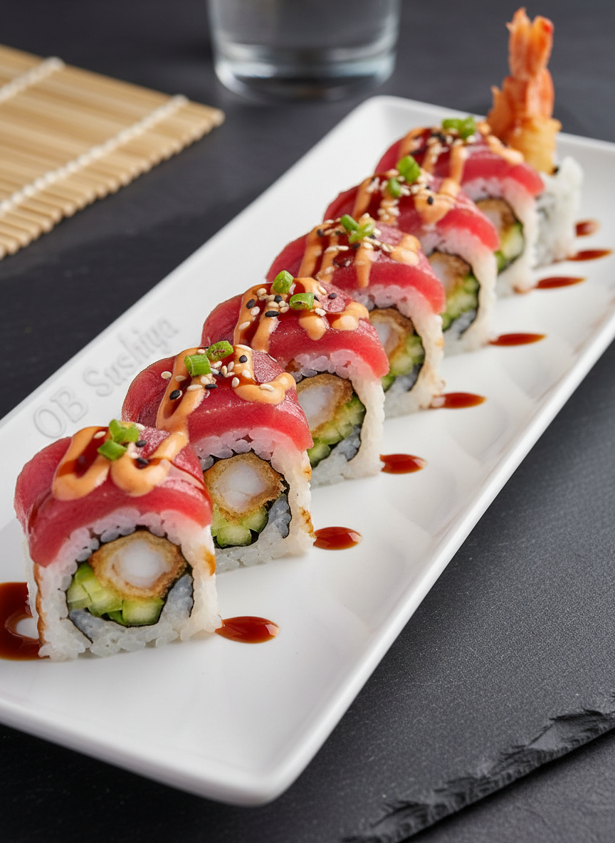 A close-up, photographic image of an OB Sushiya signature sushi roll sliced into even pieces and lined up diagonally on a long, matte-white rectangular plate. The roll is stuffed with tempura shrimp, creamy avocado, and fresh cucumber, topped with glistening slices of spicy tuna and a delicate drizzle of orange spicy mayo and dark eel sauce. Tiny sesame seeds and finely sliced green onions add texture and color. The plate rests on a dark slate tabletop with subtle grain. Soft, diffused overhead lighting highlights the moist sheen of the fish and the crispy texture of the tempura. Shot from a slightly elevated angle with shallow depth of field, the foreground roll is tack sharp while the background fades, emphasizing indulgence and craftsmanship.