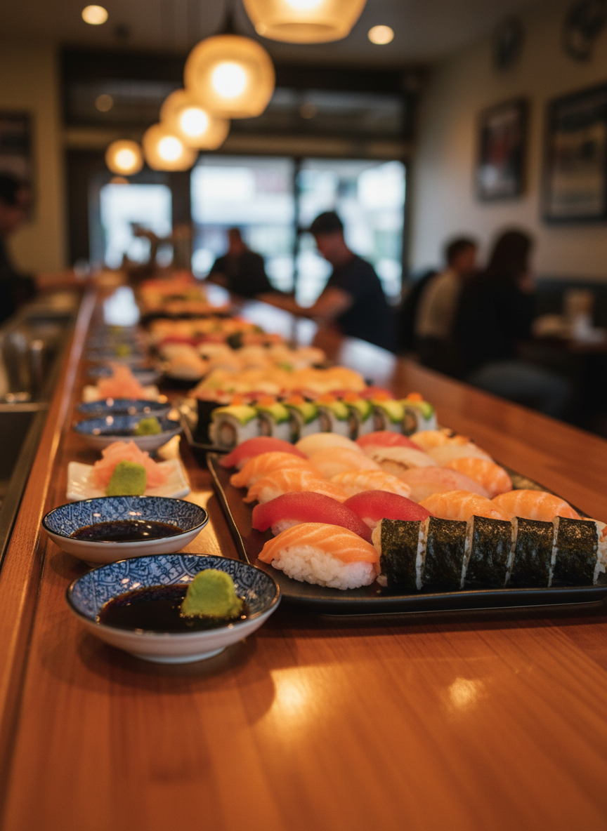 A meticulously arranged wooden sushi bar counter at OB Sushiya, covered with an assortment of vibrant nigiri and classic rolls. Glossy slices of salmon, tuna, and yellowtail rest atop perfectly formed, pearly rice, alongside neat maki rolls wrapped in dark nori. Small ceramic dishes of soy sauce, a dab of wasabi, and thin petals of pale-pink pickled ginger sit nearby. Warm pendant lighting overhead casts a gentle golden glow, creating soft reflections on the lacquered wood. Photographic realism, shot at eye level with a shallow depth of field so the sushi is in crisp focus while the background dissolves into a soft bokeh of an intimate, cozy Ocean Beach restaurant interior, conveying a welcoming, appetizing atmosphere.